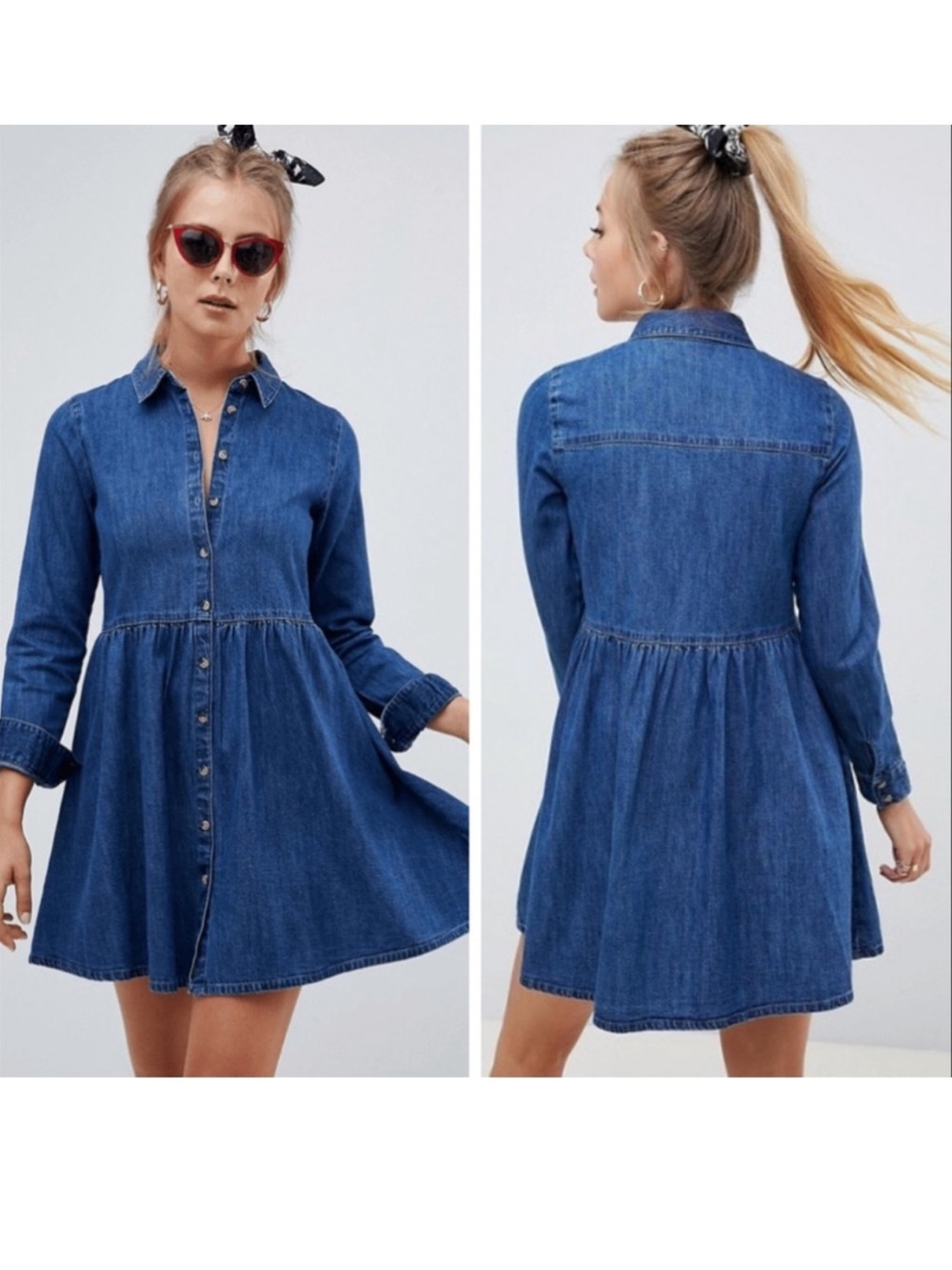 ASOS DESIGN Denim Smock Button Down Shirt Dress in Midwash Blue 100% Cotton Sz 6